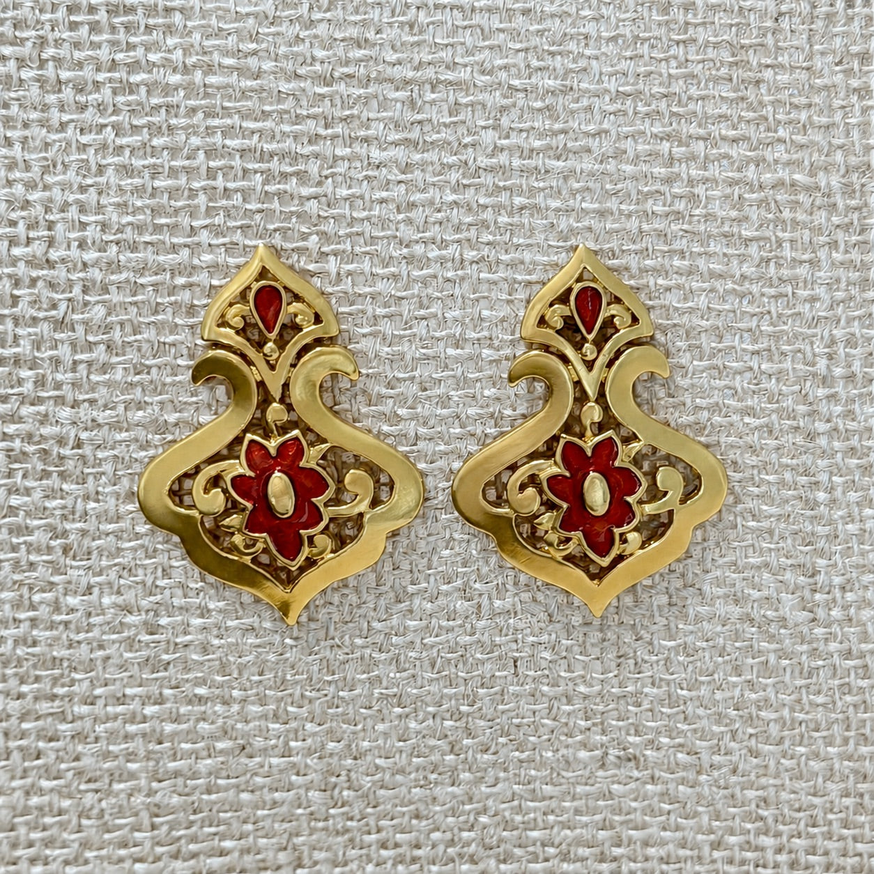 Vintage Gold Tone Red Enamel Filigree Statement Earrings