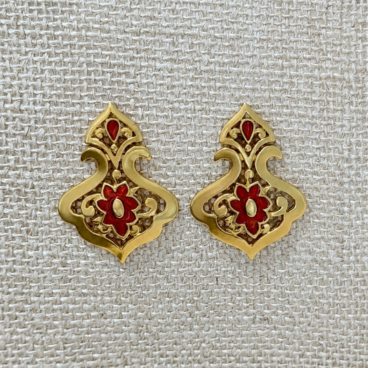 Vintage Gold Tone Red Enamel Filigree Statement Earrings