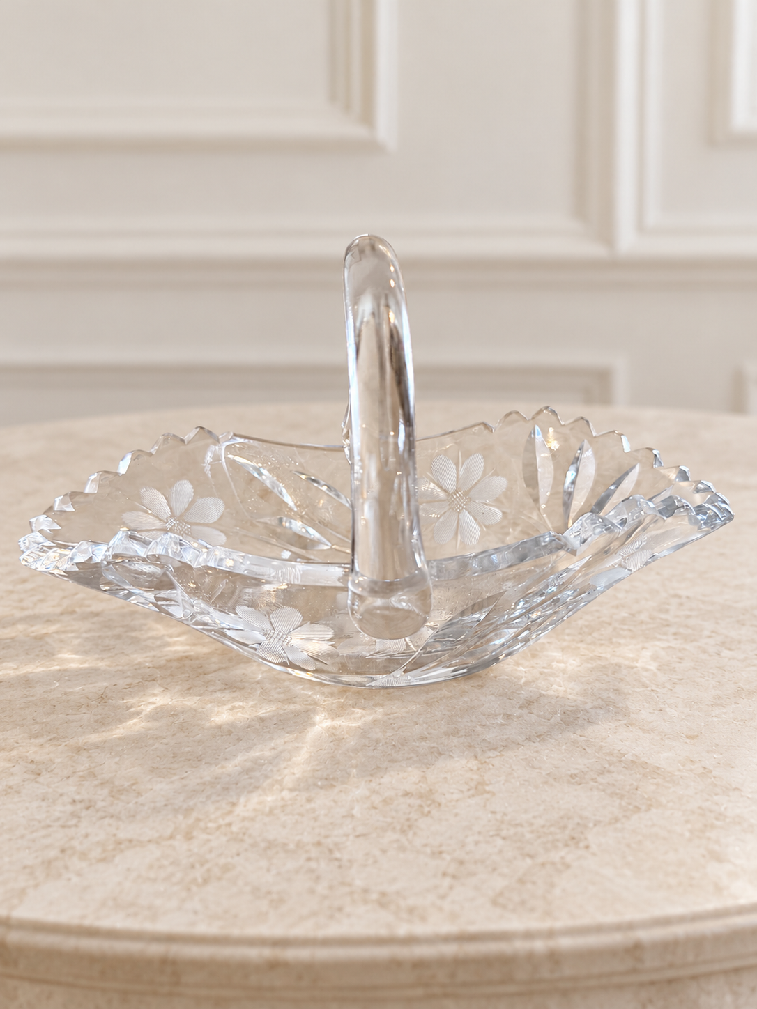 Floral Etched Glass Basket with Arched Handle