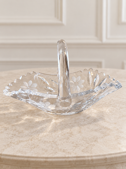 Floral Etched Glass Basket with Arched Handle
