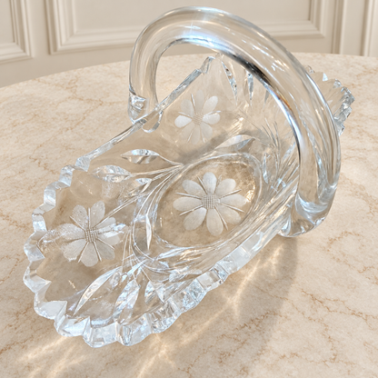 Floral Etched Glass Basket with Arched Handle