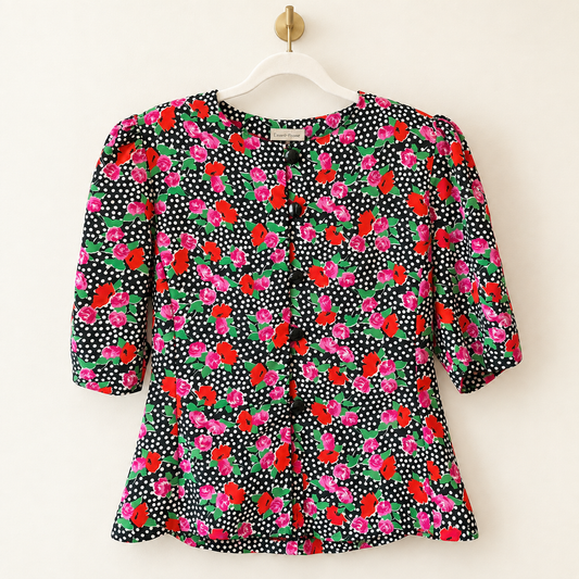 Vintage Samantha Stevens Petites Floral Polka Dot Puff Sleeve Blouse – Size 14