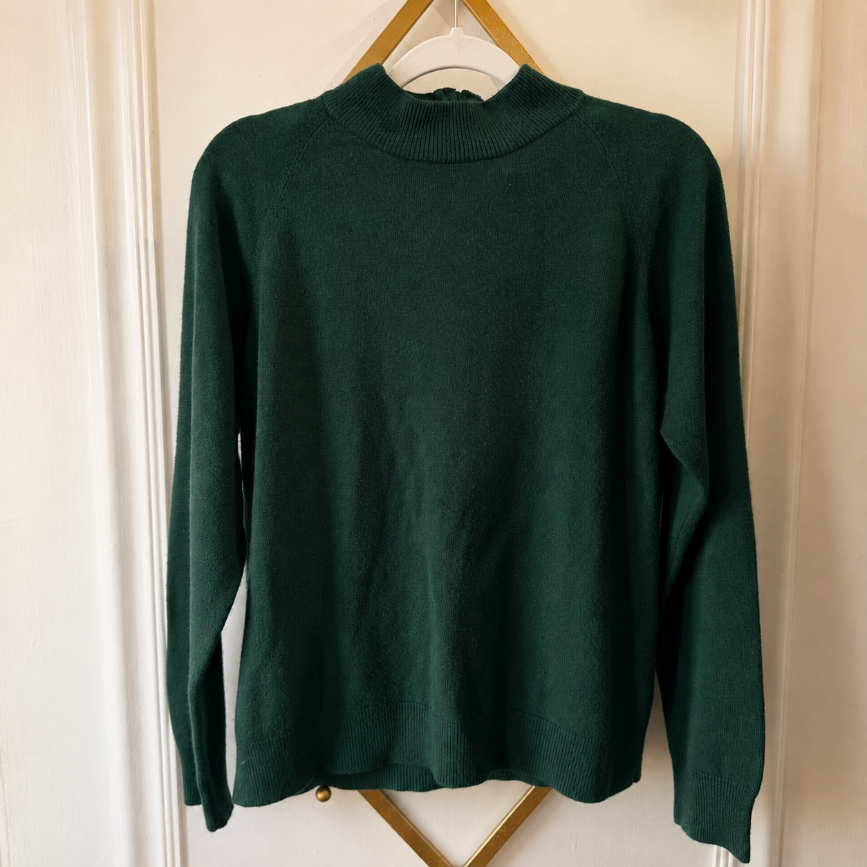 A dark forest green knit sweater with a mock neck and long sleeves, hanging on a white hanger with a gold metal frame against a cream-colored paneled door.