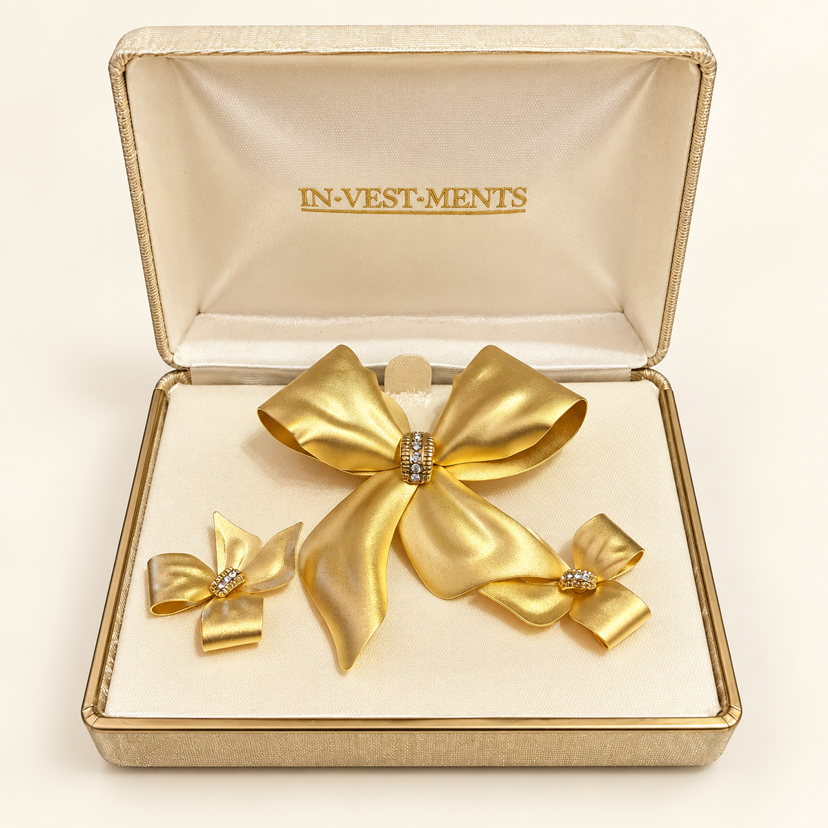 Vintage IN-VEST-MENTS Gold-Tone Bow Brooch & Earrings Set