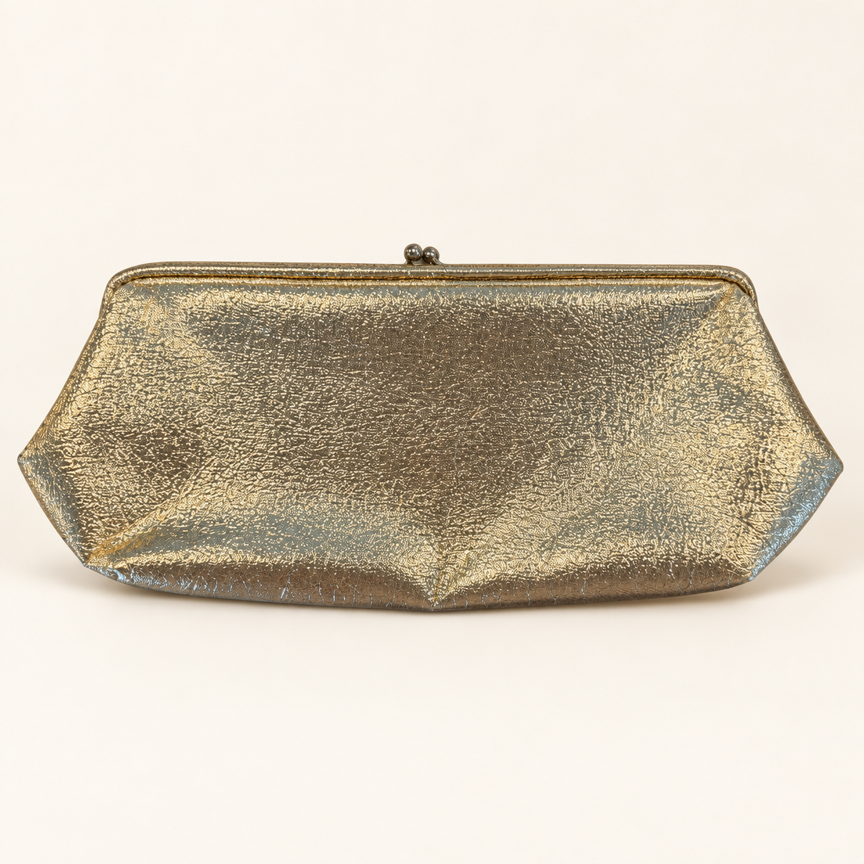 A metallic gold clutch purse with a textured, crinkled finish and a small metal clasp at the top, shown against a plain off-white background.