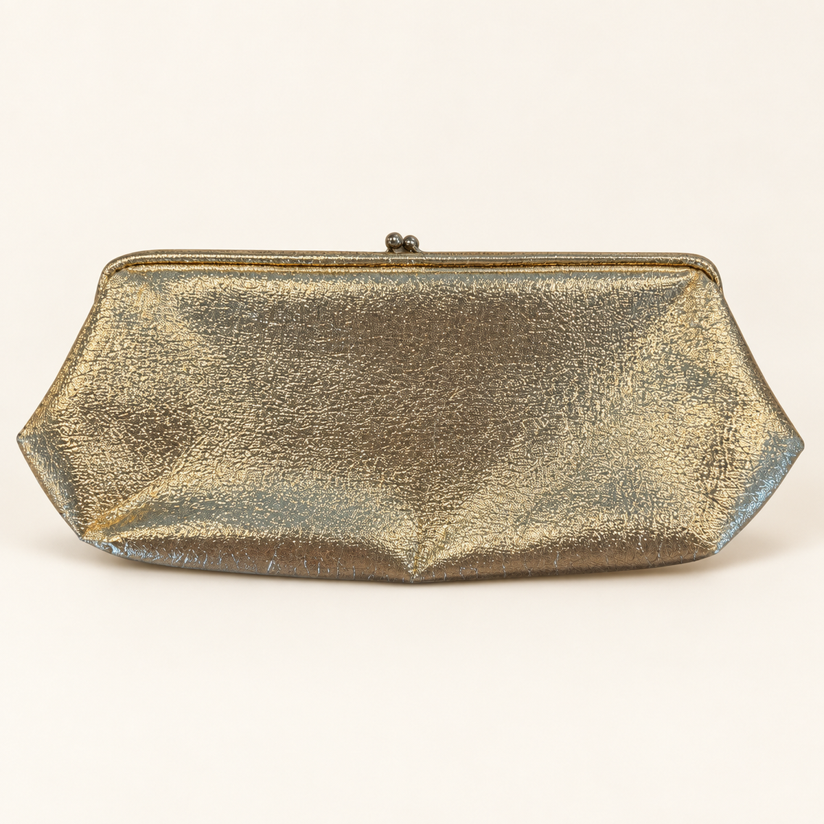 A metallic gold clutch purse with a textured, crinkled finish and a small metal clasp at the top, shown against a plain off-white background.
