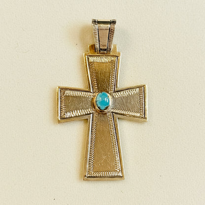 Sterling Silver Southwestern-Style Cross Pendant with Turqoise Center Stone and Herringbone Chain