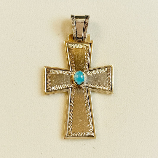 Sterling Silver Southwestern-Style Cross Pendant with Turqoise Center Stone and Herringbone Chain