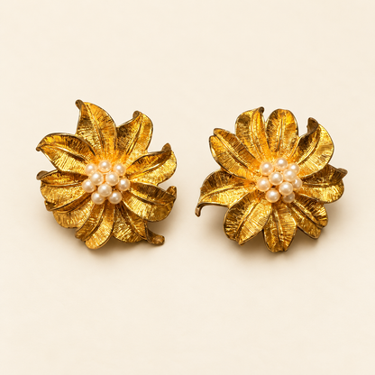 Gold-Tone Flower & Faux Pearl Cluster Stud Earrings