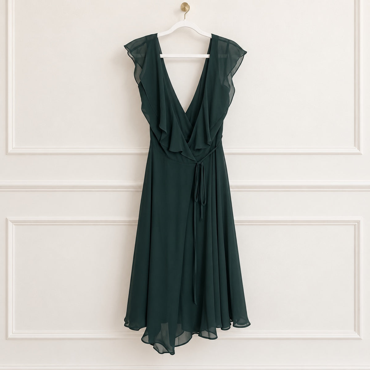 A dark forest green wrap-style dress with sheer flutter sleeves and a V-neckline, hanging on a white hanger against a white paneled wall.