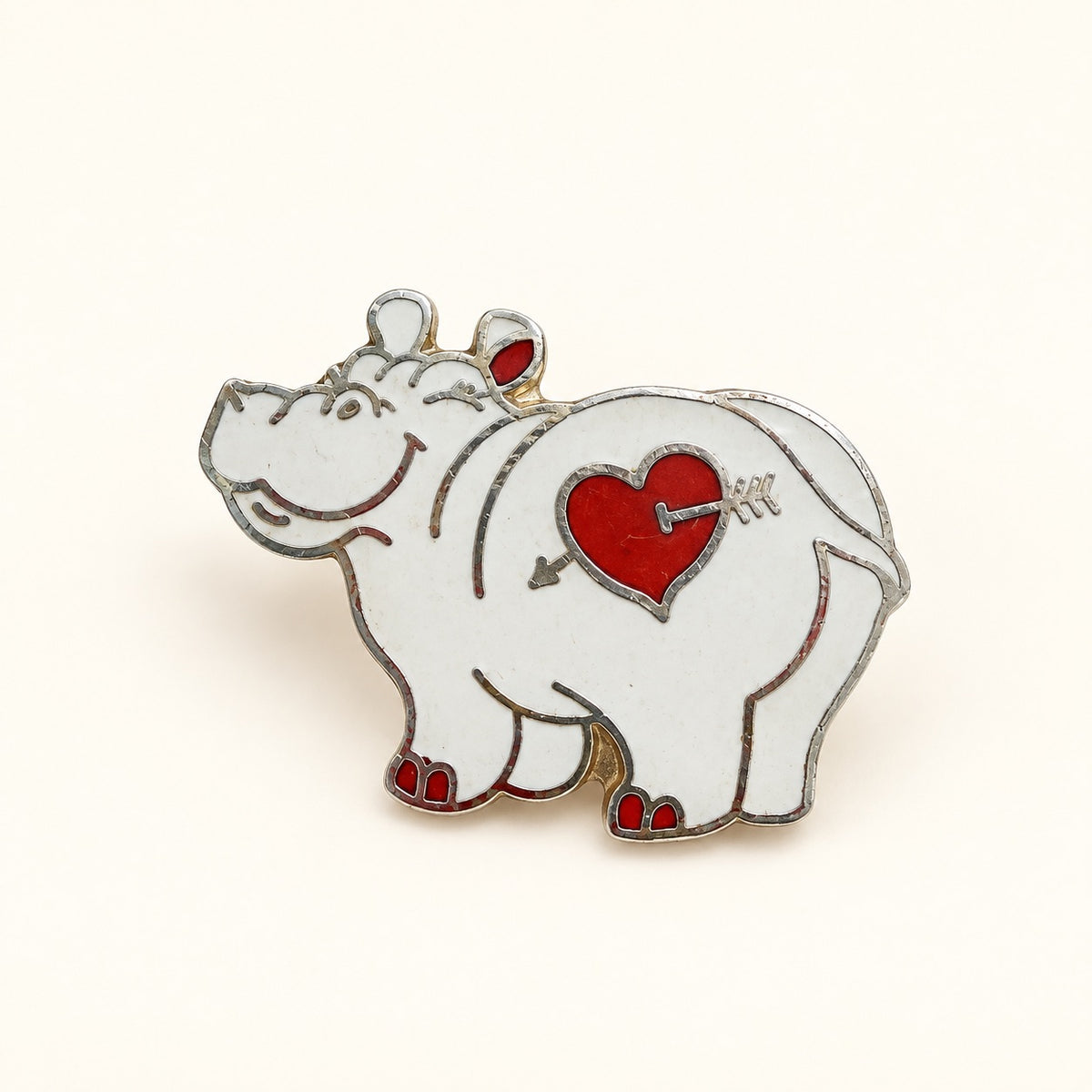 Vintage White Hippo Heart Enamel Brooch Pin