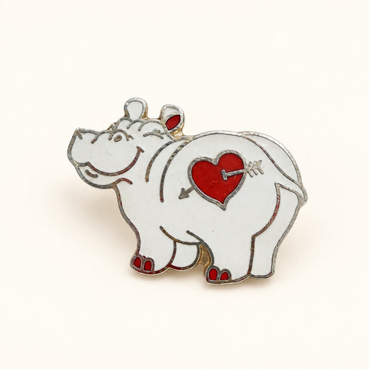Vintage White Hippo Heart Enamel Brooch Pin