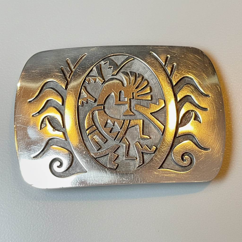 Metallic belt buckle with intricate design 
