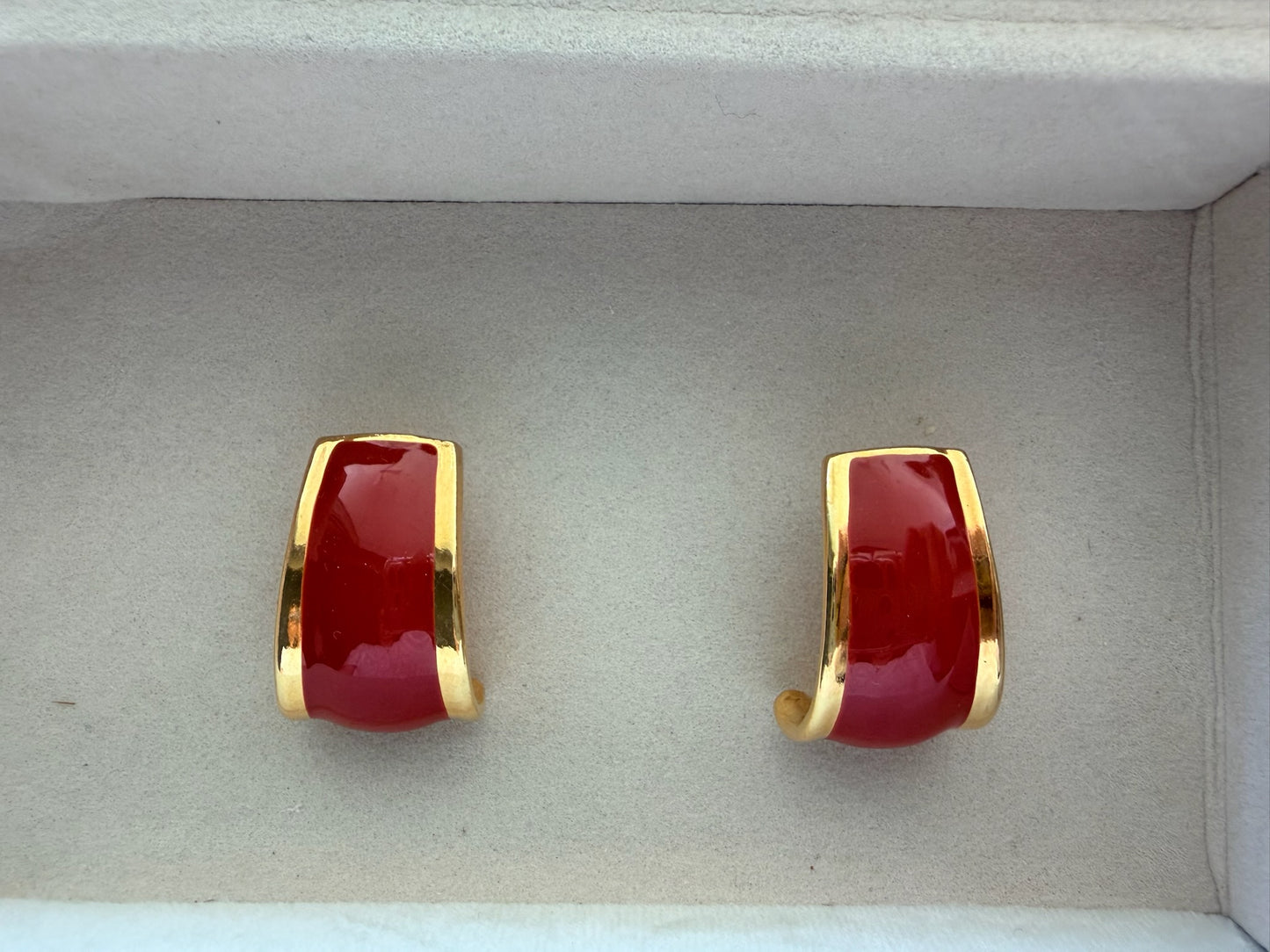 Vintage Red Enamel & Gold Tone Huggie Earrings