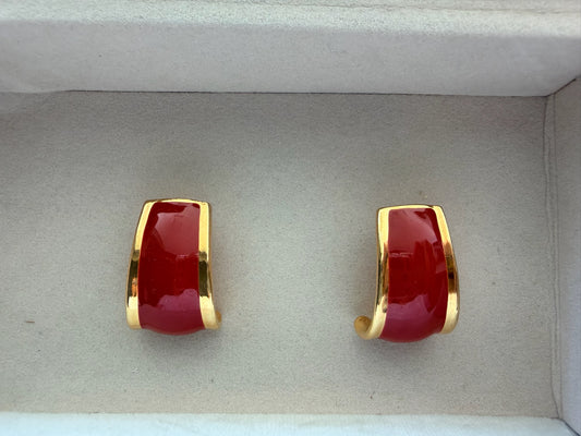 Vintage Red Enamel & Gold Tone Huggie Earrings