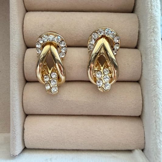 Vintage Gold Tone Rhinestone Swirl Statement Earrings