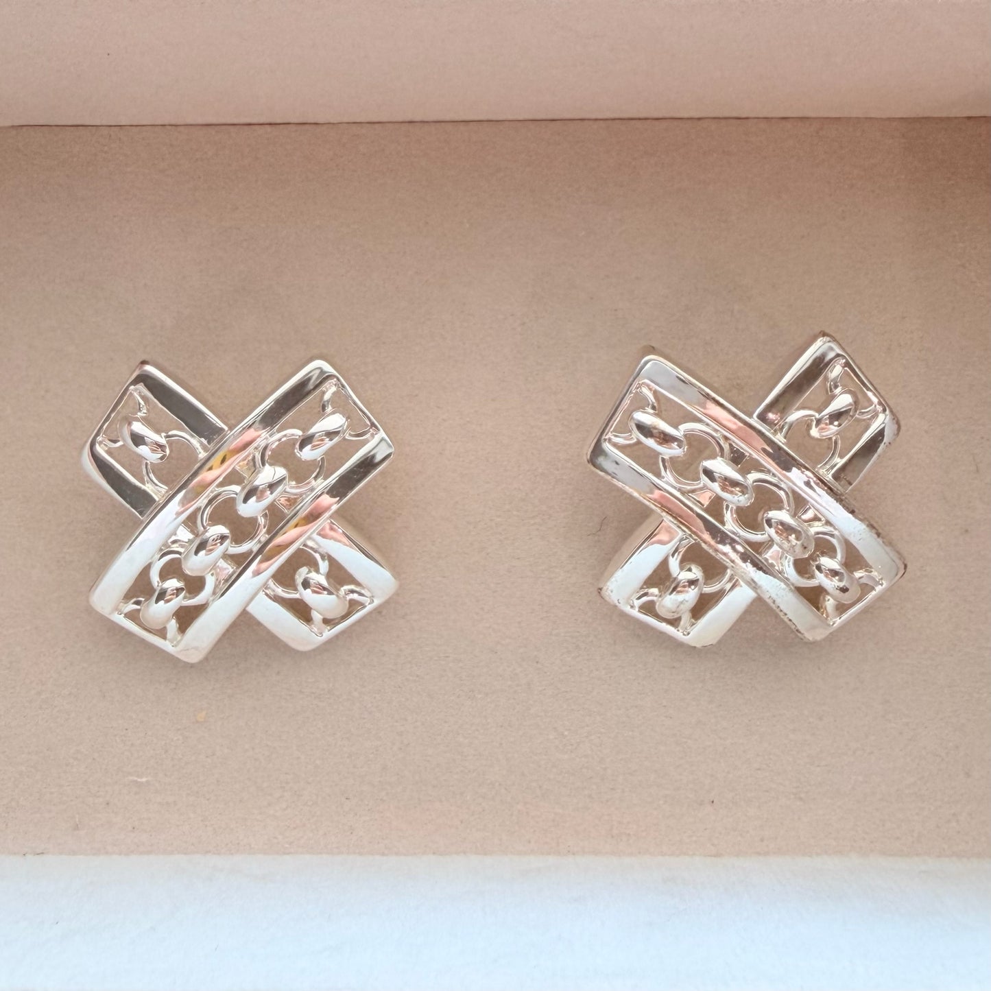 Vintage Silver Tone Openwork X Statement Earrings