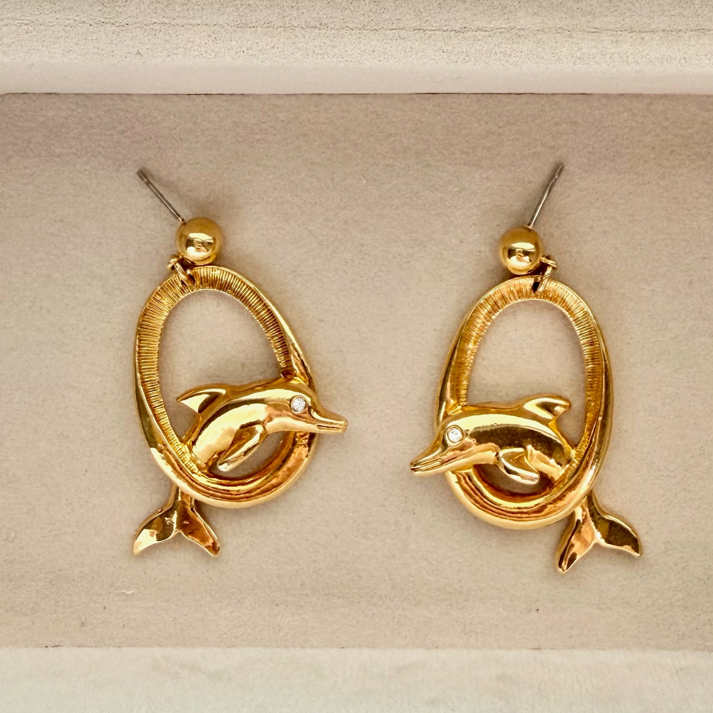 Vintage Gold Tone Dolphin Dangle Earrings with Rhinestone Accents