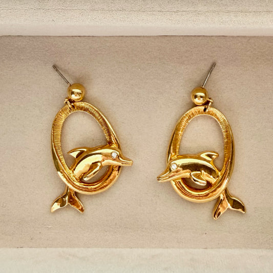 Vintage Gold Tone Dolphin Dangle Earrings with Rhinestone Accents
