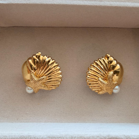 Vintage Gold Tone Seashell & Starfish Statement Earrings with Faux Pearl