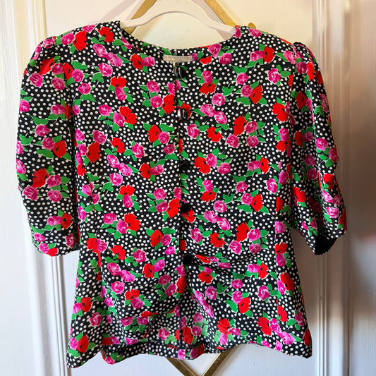 Vintage Samantha Stevens Petites Floral Polka Dot Puff Sleeve Blouse – Size 14