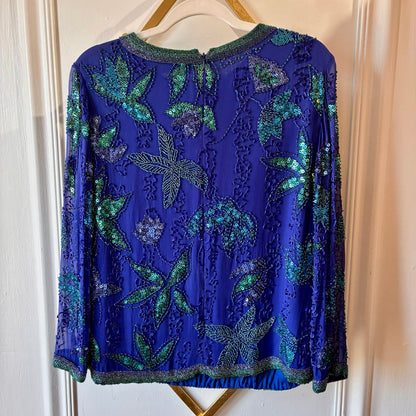 Vintage Black Tie Royal Blue Beaded Sequin Blouse