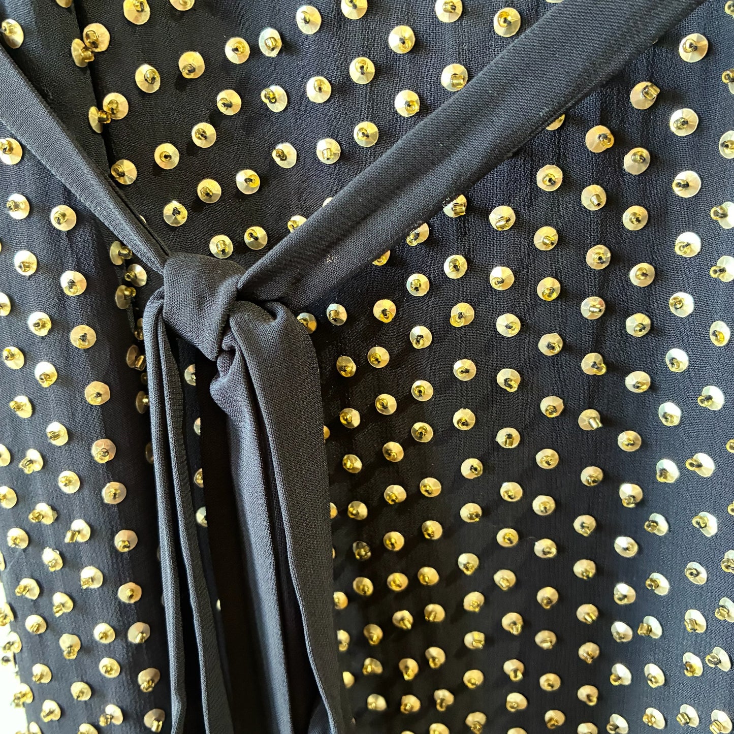 French Connection Black Gold Studded Cowl Neck Dress with Tie Waist