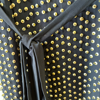 French Connection Black Gold Studded Cowl Neck Dress with Tie Waist