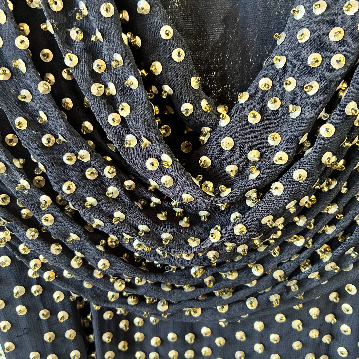 French Connection Black Gold Studded Cowl Neck Dress with Tie Waist