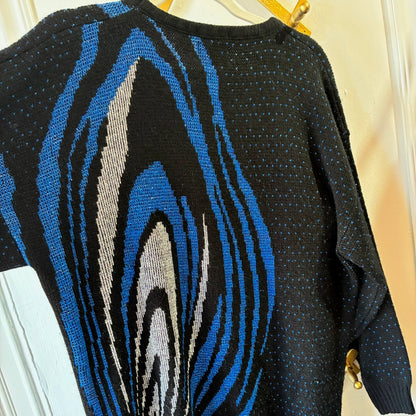Vintage Ellen-D Kollection Metallic Abstract Sweater – Black, Cobalt Blue & Silver – Size L