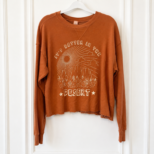 A burnt orange crewneck sweatshirt with a distressed, frayed hem and a white graphic print of a desert landscape and sun. The sweatshirt is hanging on a white hanger against a white paneled door.