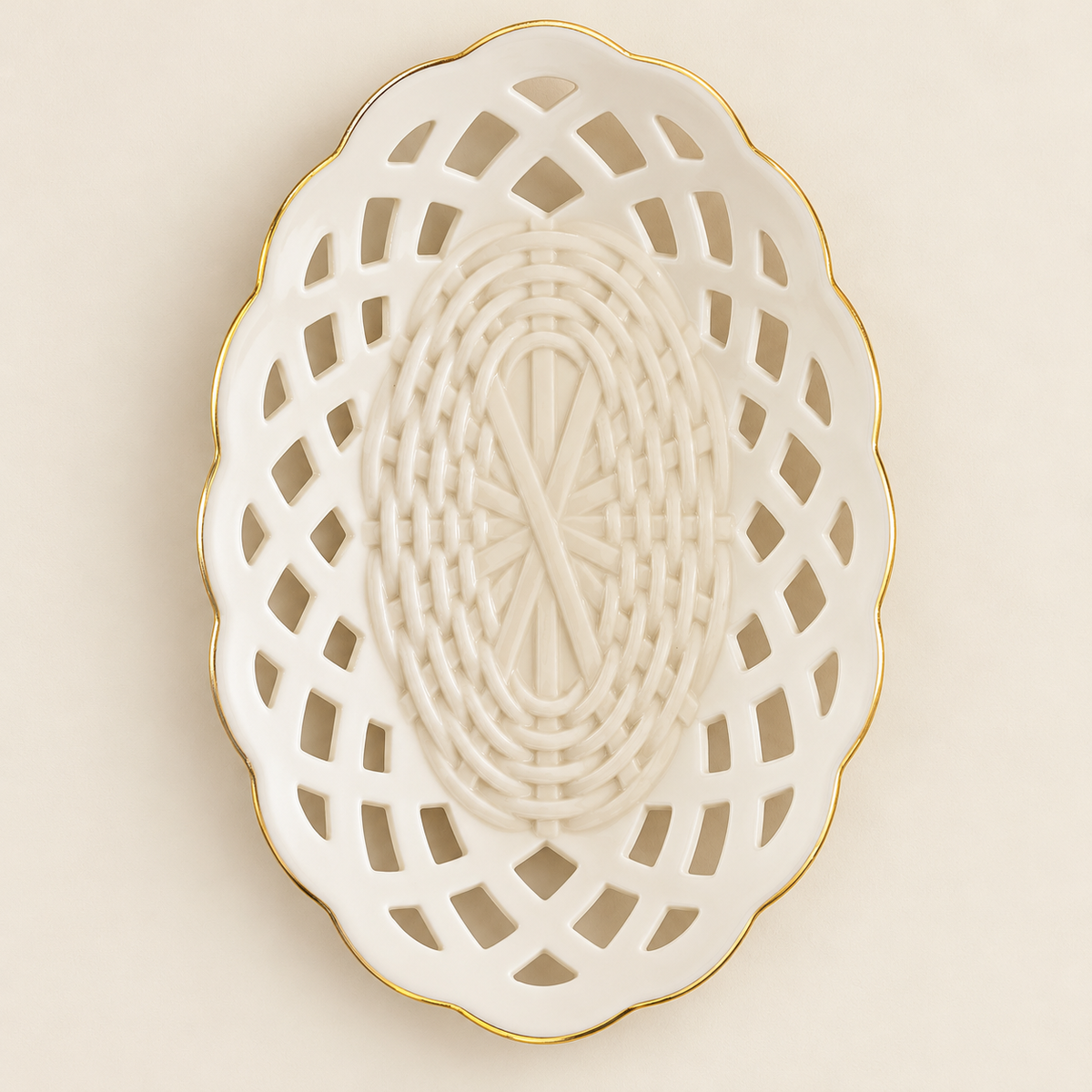 Vintage Lenox Ivory Lattice Oval Dish with Gold Trim