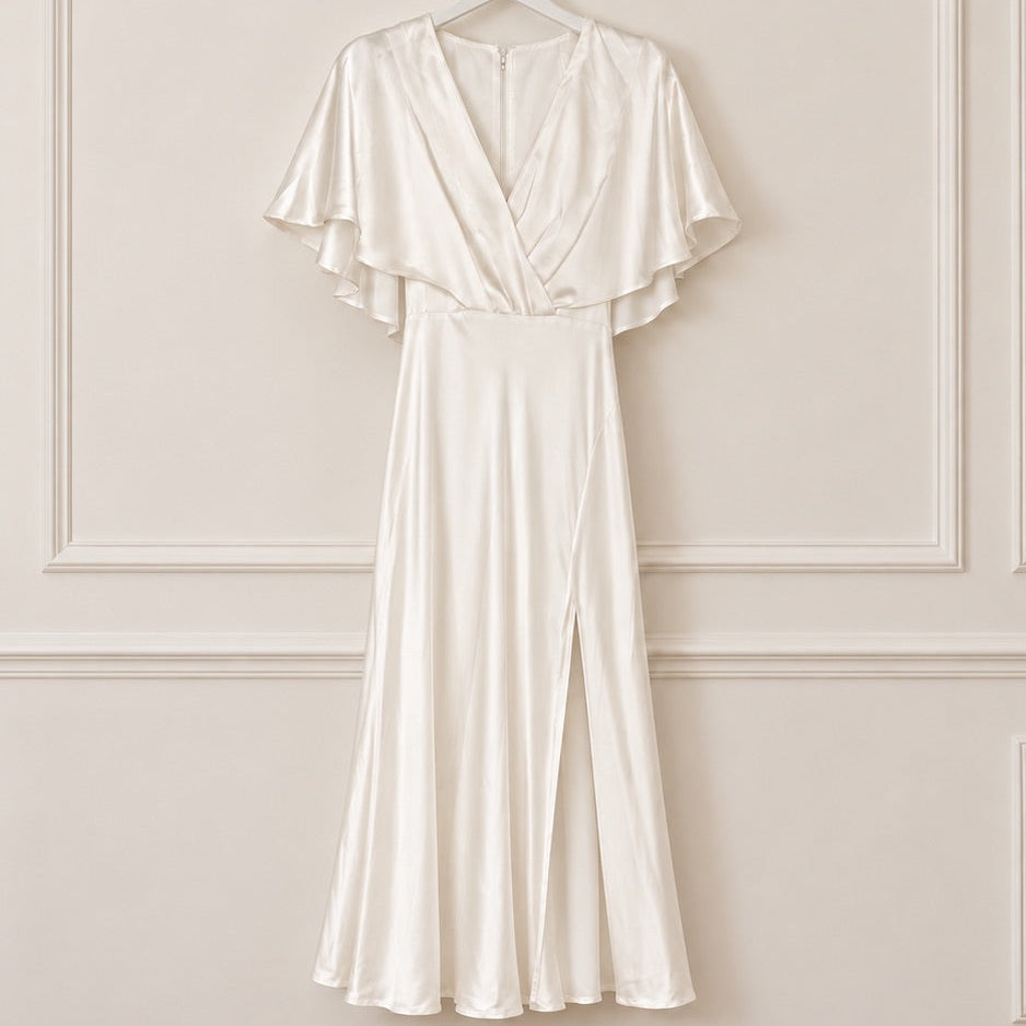 An ivory satin wrap dress with flutter sleeves hangs on a white hanger against a cream-colored paneled wall.