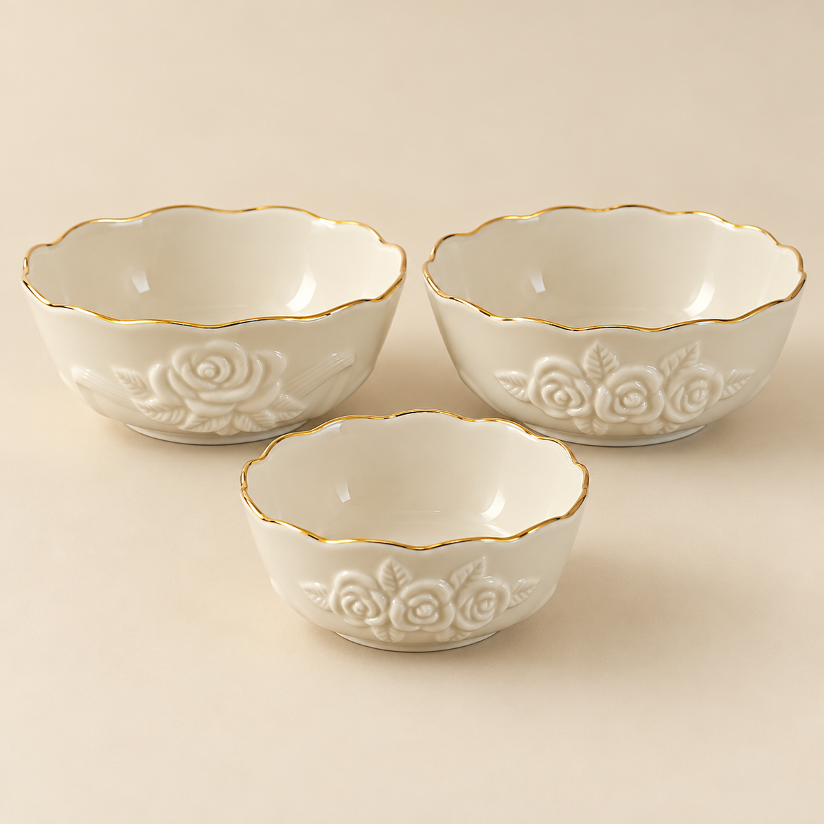 Lenox Ivory Embossed Rose Bowls – Mixed-Size Set of 3