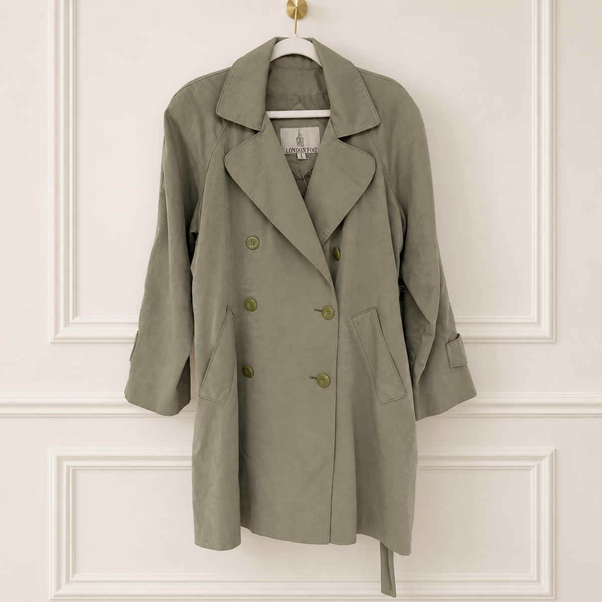 London Fog Sage Gray Belted Short Trench Coat | Size Small