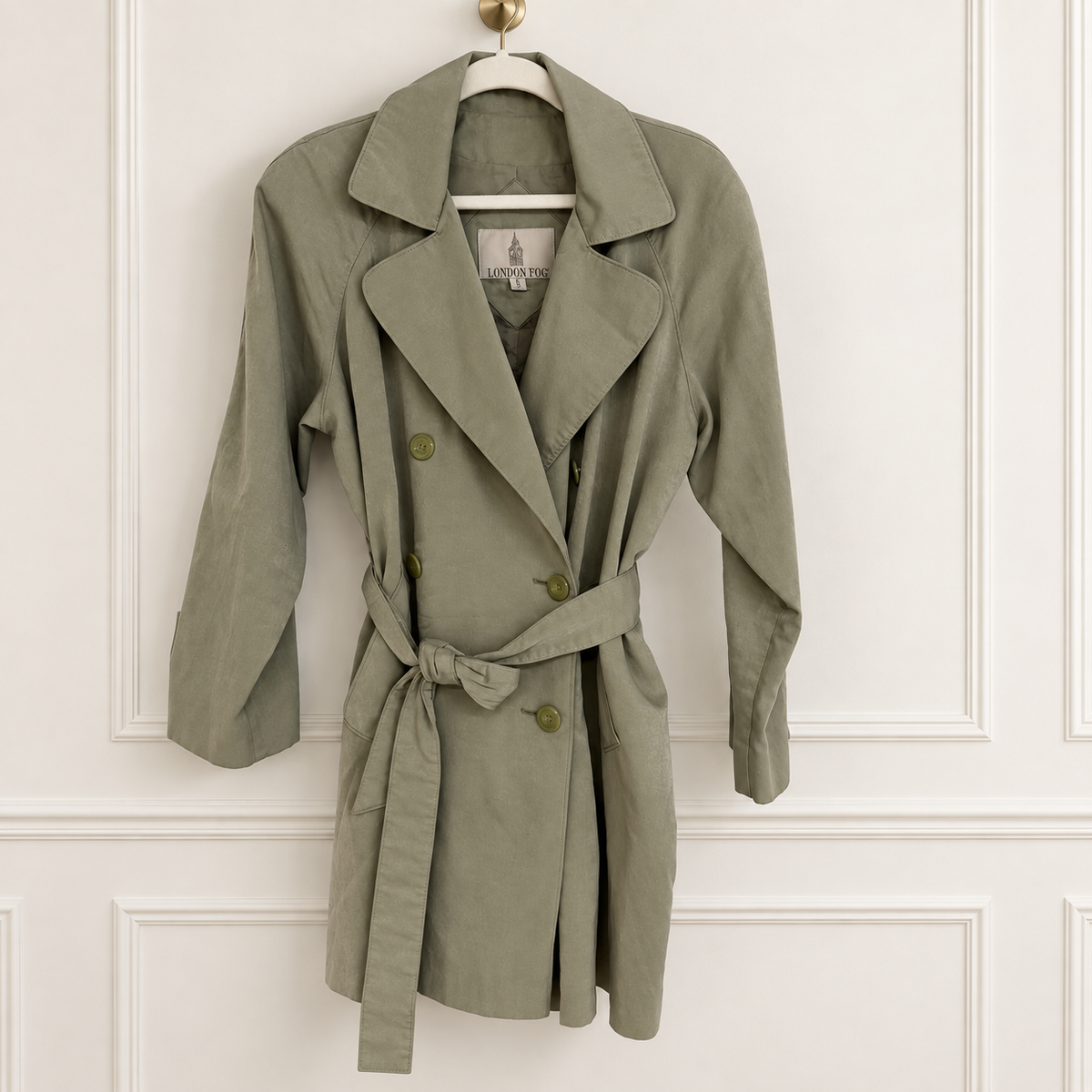 London Fog Sage Gray Belted Short Trench Coat | Size Small