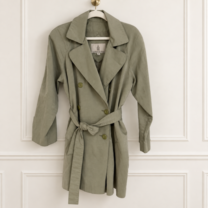 London Fog Sage Gray Belted Short Trench Coat | Size Small