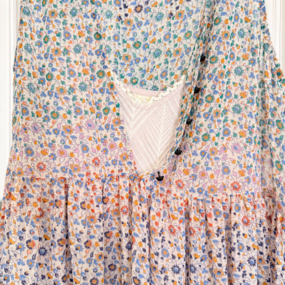 A close-up of a tiered bohemian-style dress featuring a dense multicolor floral print on a light cream base, with a scoop neckline and a lace-trimmed underlayer.