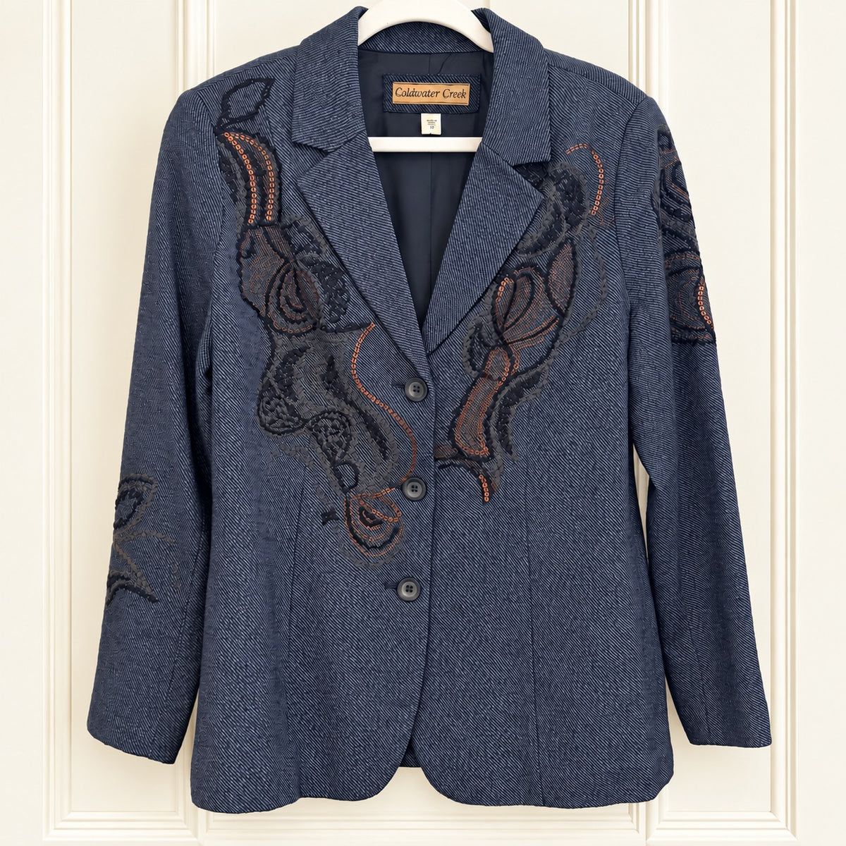 Coldwater Creek Navy Paisley Embellished Blazer - Size 10