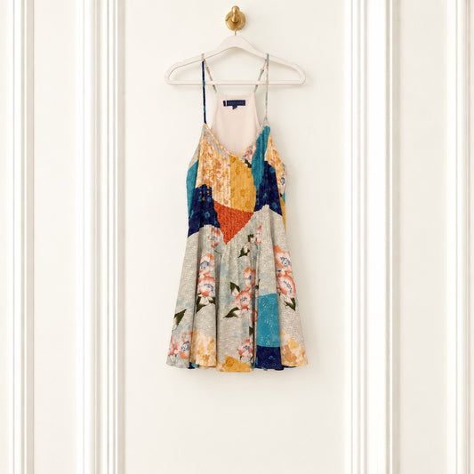 Sanctuary Multicolor Floral Patchwork Adjustable Spaghetti Strap Mini Dress