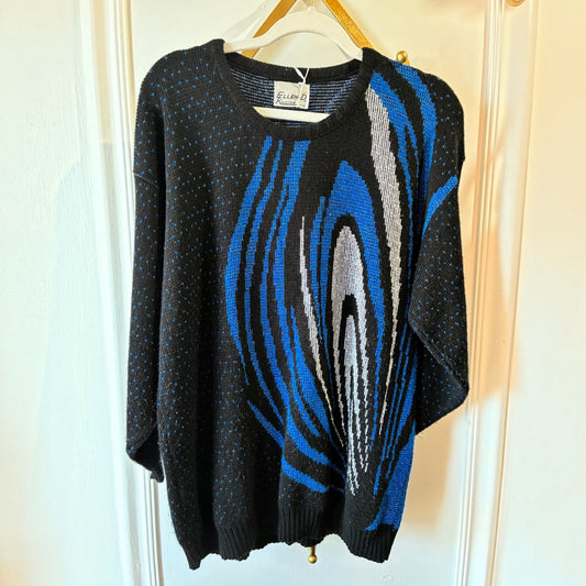 Vintage Ellen-D Kollection Metallic Abstract Sweater – Black, Cobalt Blue & Silver – Size L