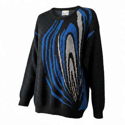 Vintage Ellen-D Kollection Metallic Abstract Sweater – Black, Cobalt Blue & Silver – Size L