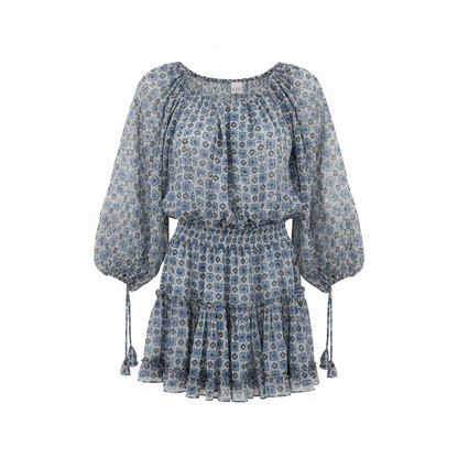 MISA Los Angeles Zona Off-the-Shoulder Chiffon Mini Dress – Scorpios Tile Print – XS