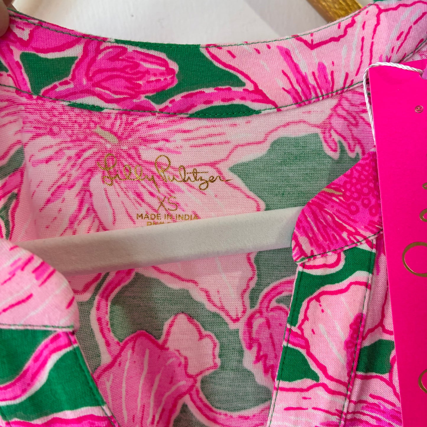 Close-up of a Lilly Pulitzer product with floral pattern and visible brand name.