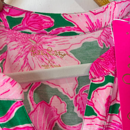 Close-up of a Lilly Pulitzer product with floral pattern and visible brand name.