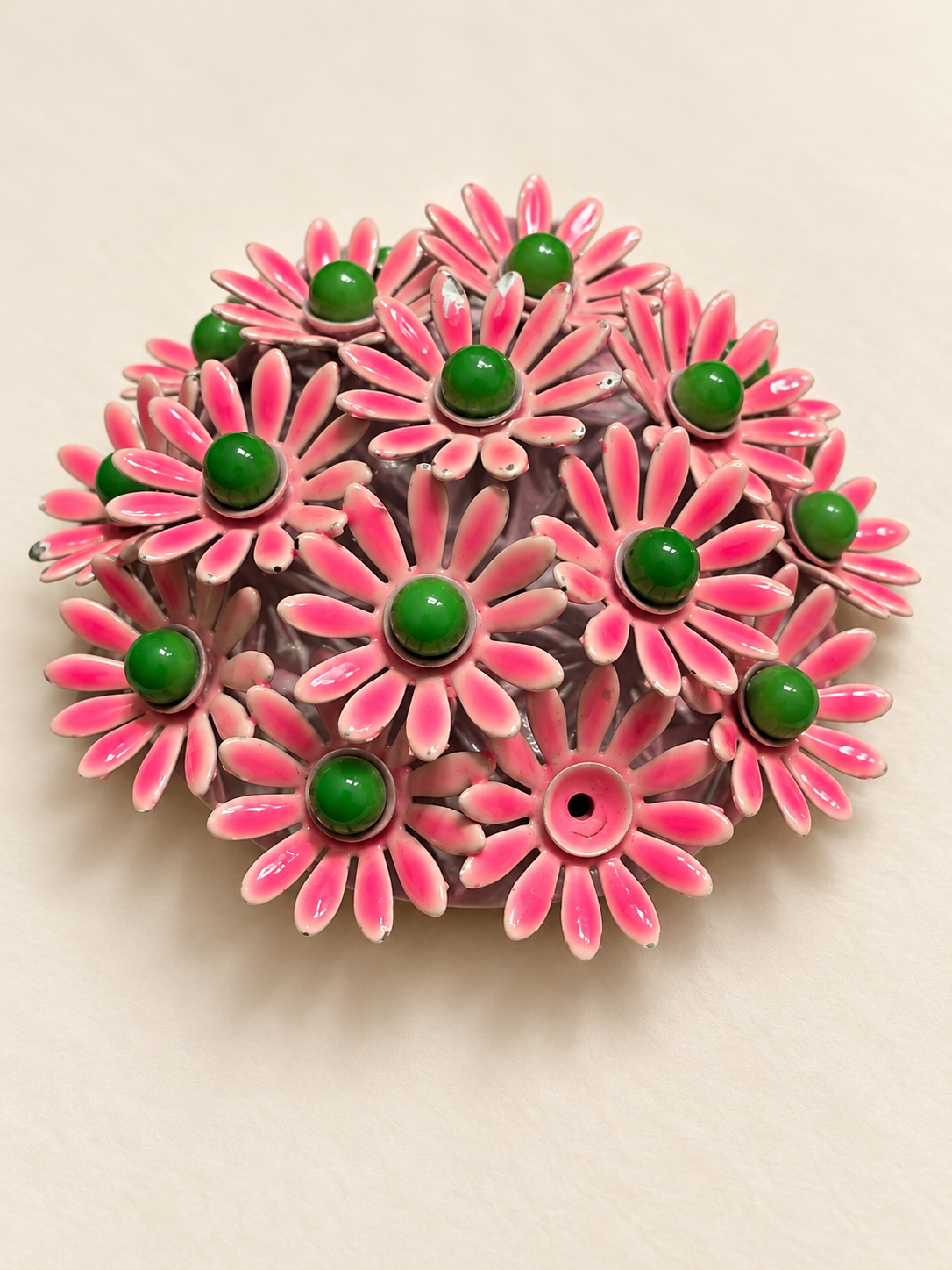 Pink Daisy Cluster Brooch with Green Centers - Missing One Center
