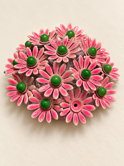 Pink Daisy Cluster Brooch with Green Centers - Missing One Center