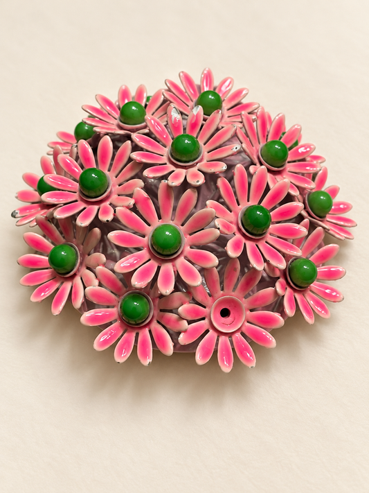 Pink Daisy Cluster Brooch with Green Centers - Missing One Center