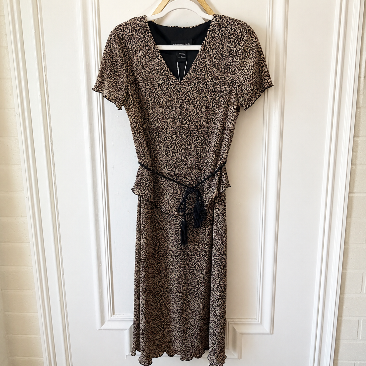 Connected Apparel Petite Black & Cream Pleated Peplum Midi Dress Size 8 P