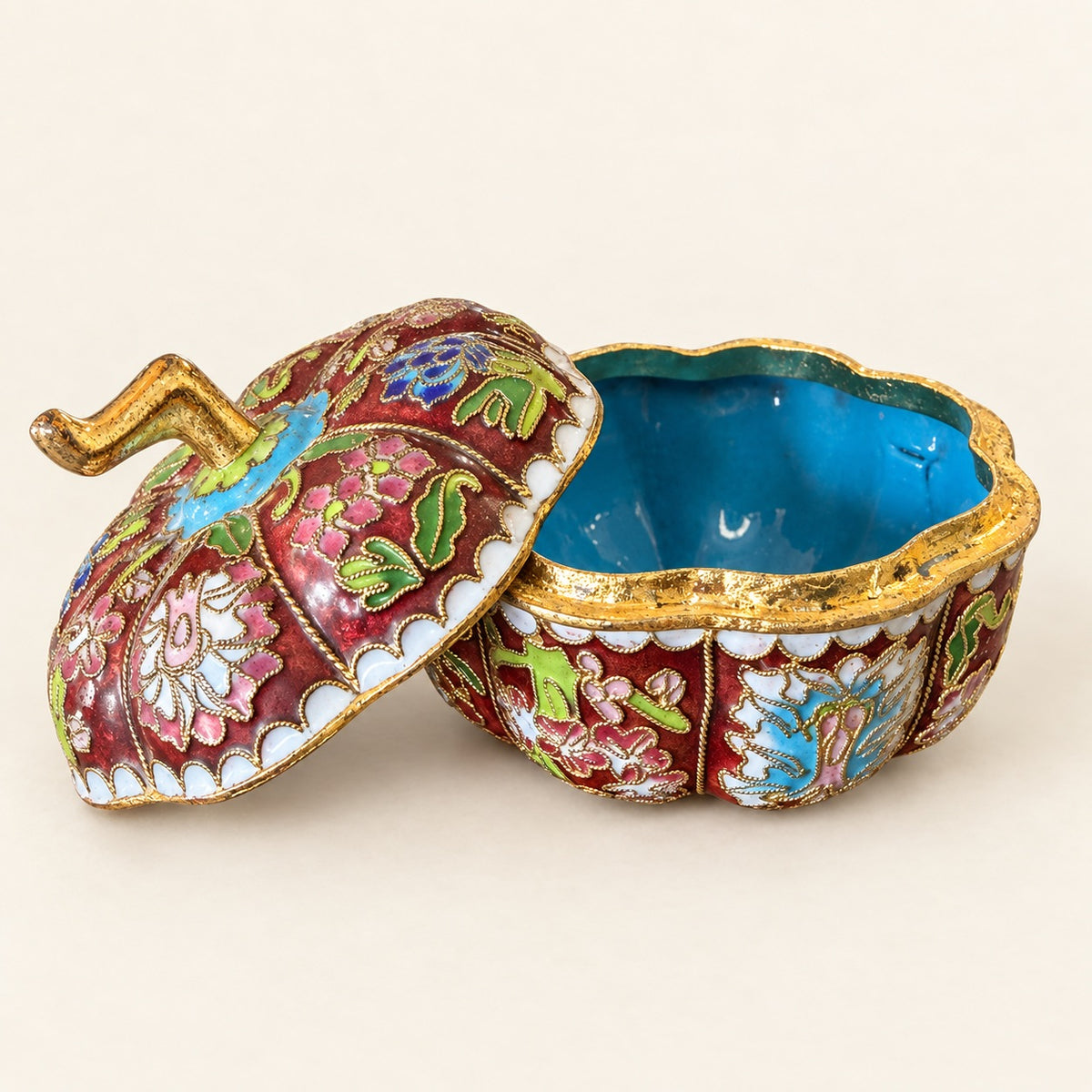 Vintage Floral Cloisonné Pumpkin Trinket Dresser Box